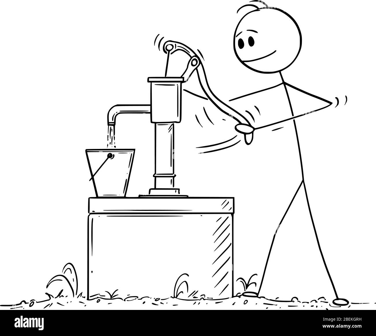 Vektor Cartoon Stick Figur Zeichnung konzeptionelle Illustration von Mann oder Landwirt Pumpen oder Wasserziehen aus gut. Stock Vektor