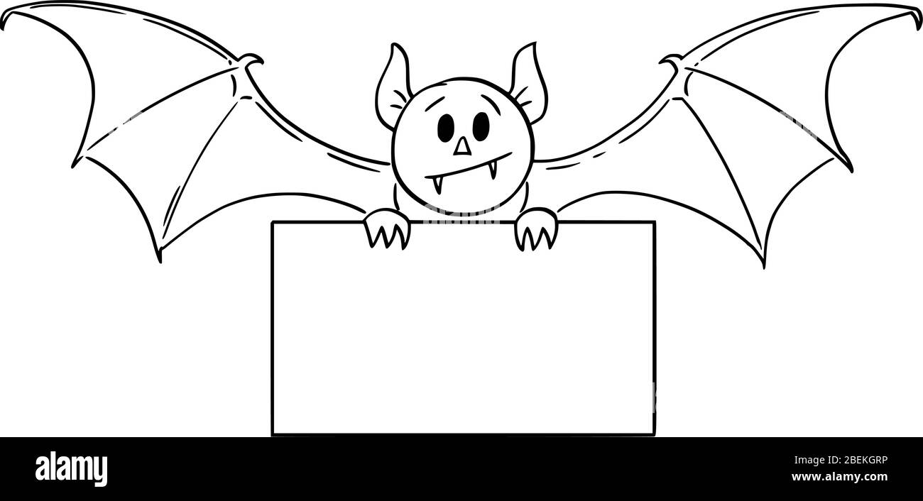 Vektor-Cartoon Zeichnung konzeptionelle Illustration von gruselig niedlichen Halloween Fledermaus Monster oder Kreatur hält leere Zeichen. Stock Vektor