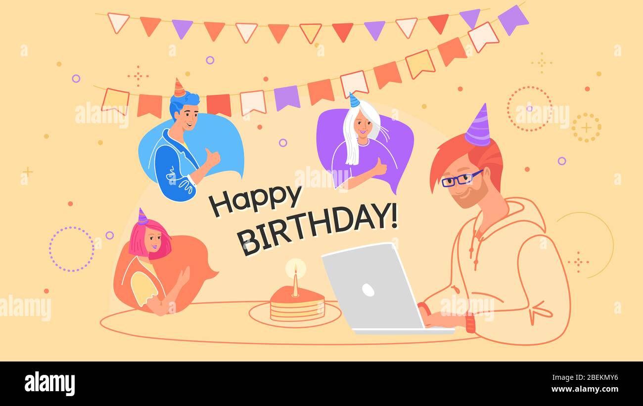 Happy Birthday Feier online per Videokonferenz. Flache Linie Vektor-Illustration von jungen glücklichen Mann sitzt mit Laptop und feiern mit seinem Stock Vektor