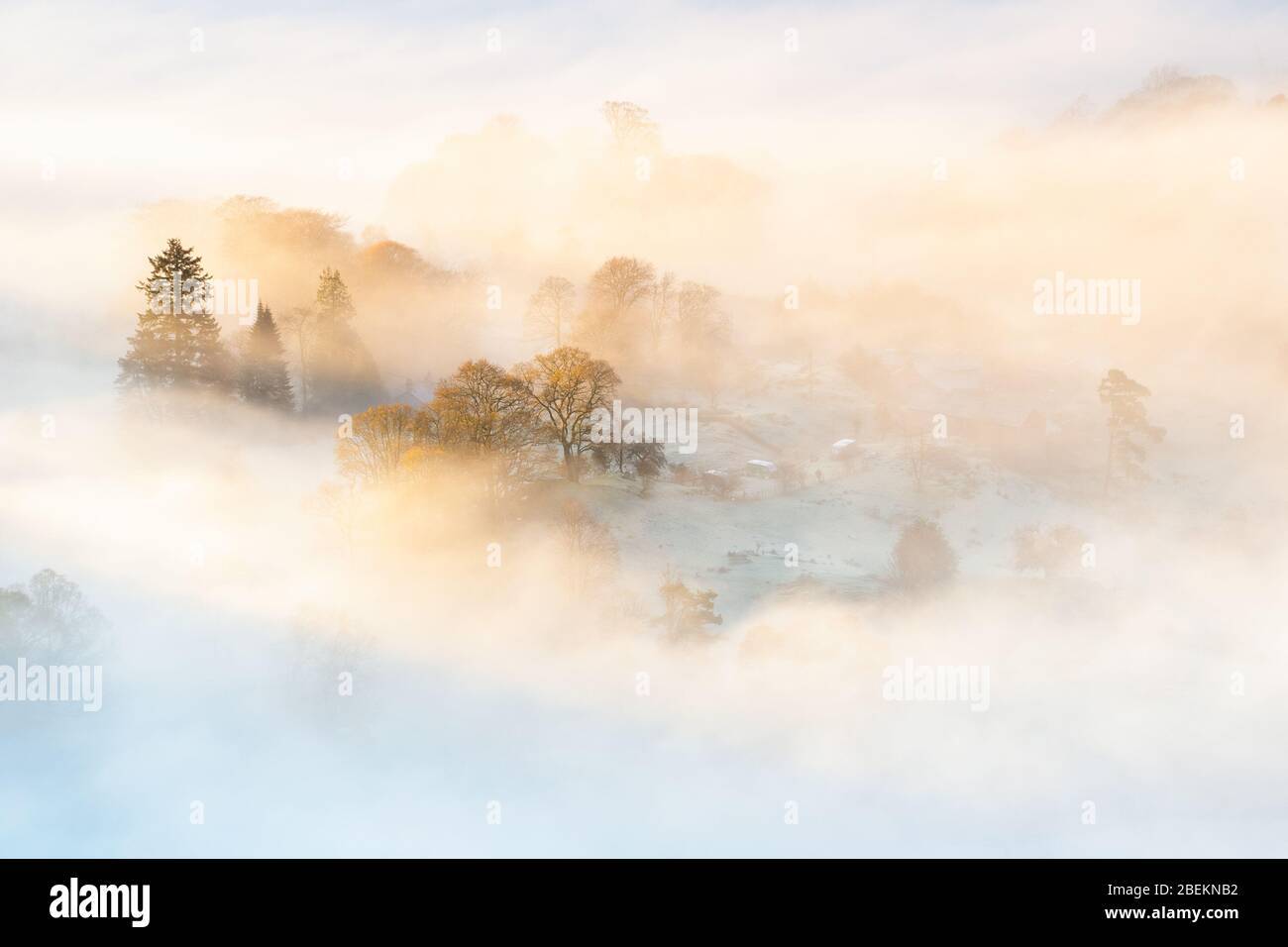 Tarn Foot Farm unter der Flanke von Loughrigg ist in der Ebbe und Flut einer nebeligen Temperatur Invertierung verschlingt, wie die aufgehende Sonne leuchtet den Nebel. Stockfoto