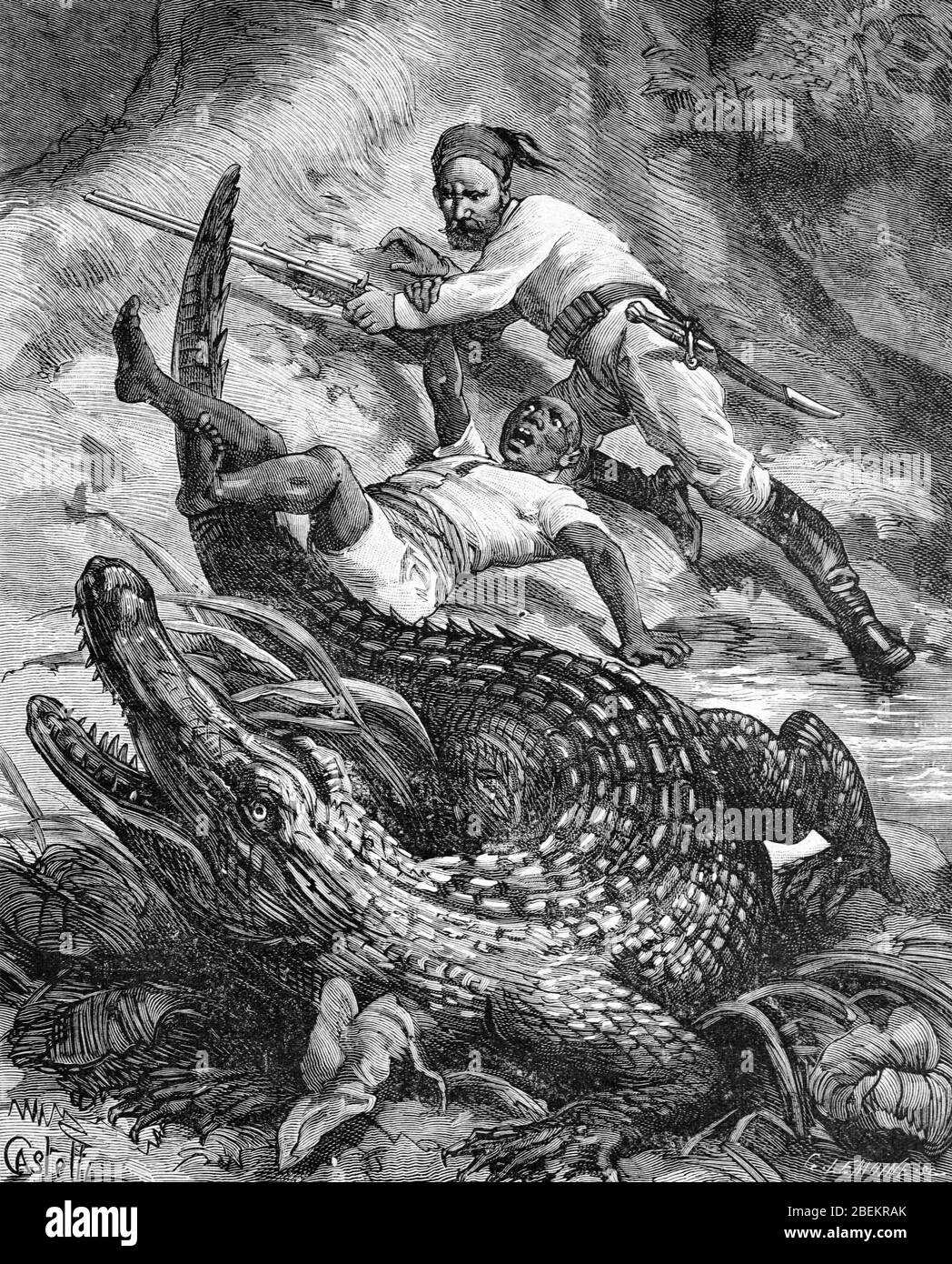 Krokodiljagd, Krokodiljäger oder Krokodiljagd in Zentralafrika. Vintage oder Alte Illustration oder Gravur 1887 Stockfoto