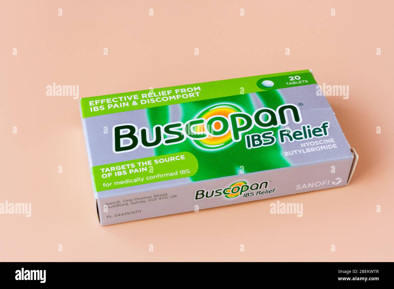 Foto der Schachtel mit IBS-Relief-Tabletten von Buscopan Stockfoto