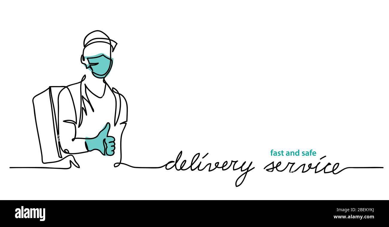 Lieferservice, Kurier trägt Gesichtsmaske und Handschuhe. Daumen hoch und Rucksack. Vektor einfache Illustration. Werbebanner, Hintergrund. Lieferung Stock Vektor