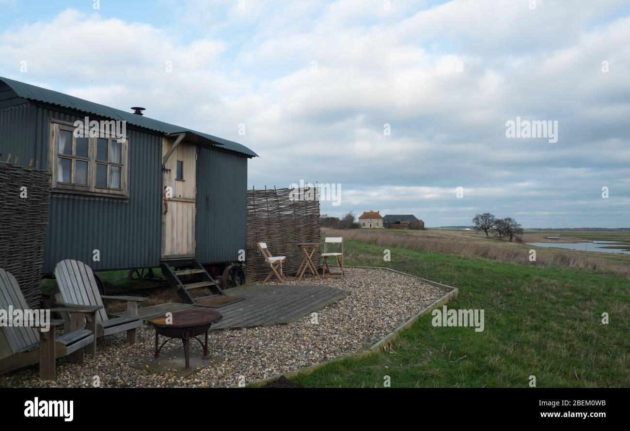 Eine der Schäferhütten im Elmley Nature Reserve, Isle of Sheppey, Kent Stockfoto