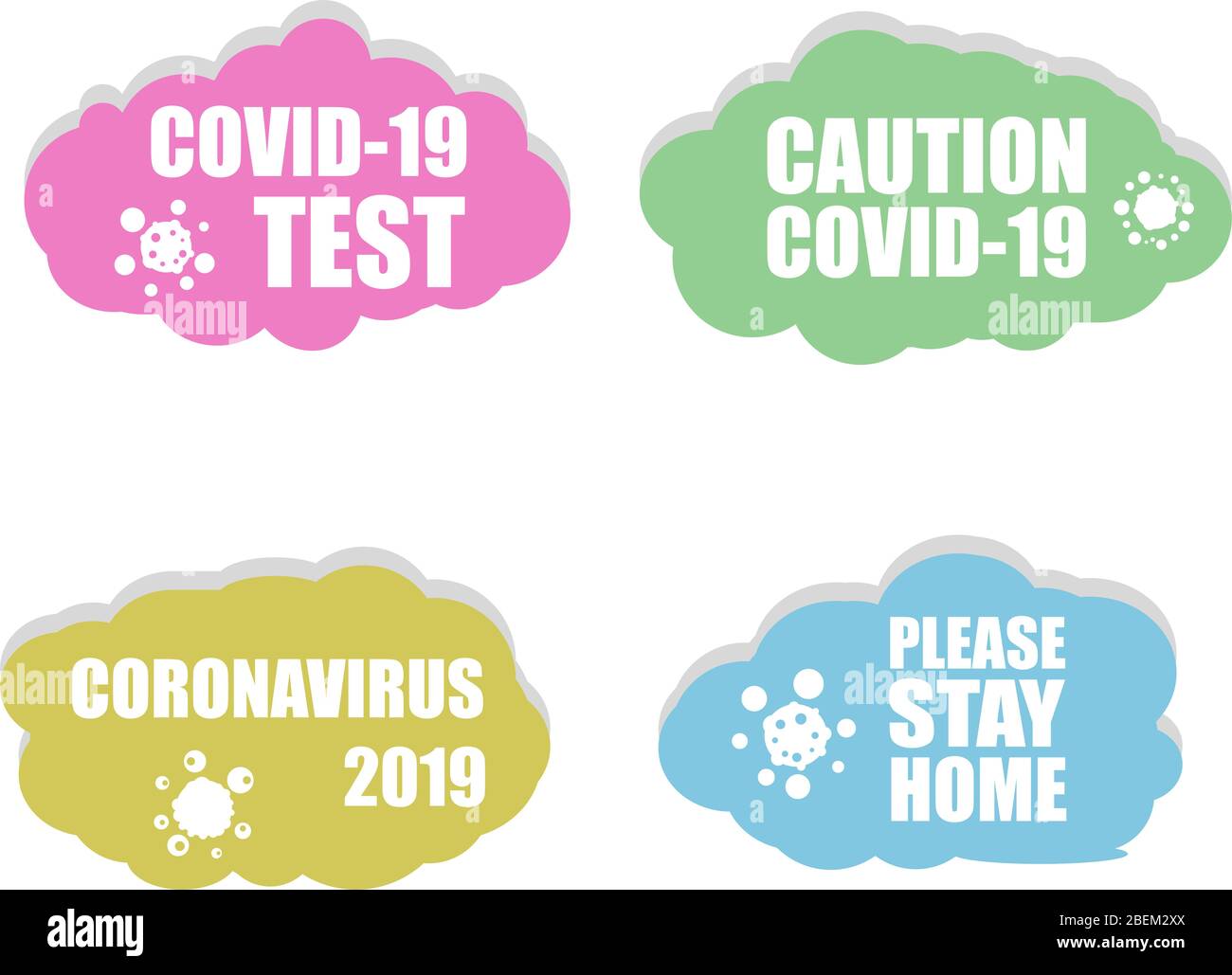 Symbol für Coronavirus. Covid 19-Test. Bitte bleiben Sie zu Hause. Vorsicht Covid-19. Schilder auf weißem Hintergrund isoliert Stockfoto