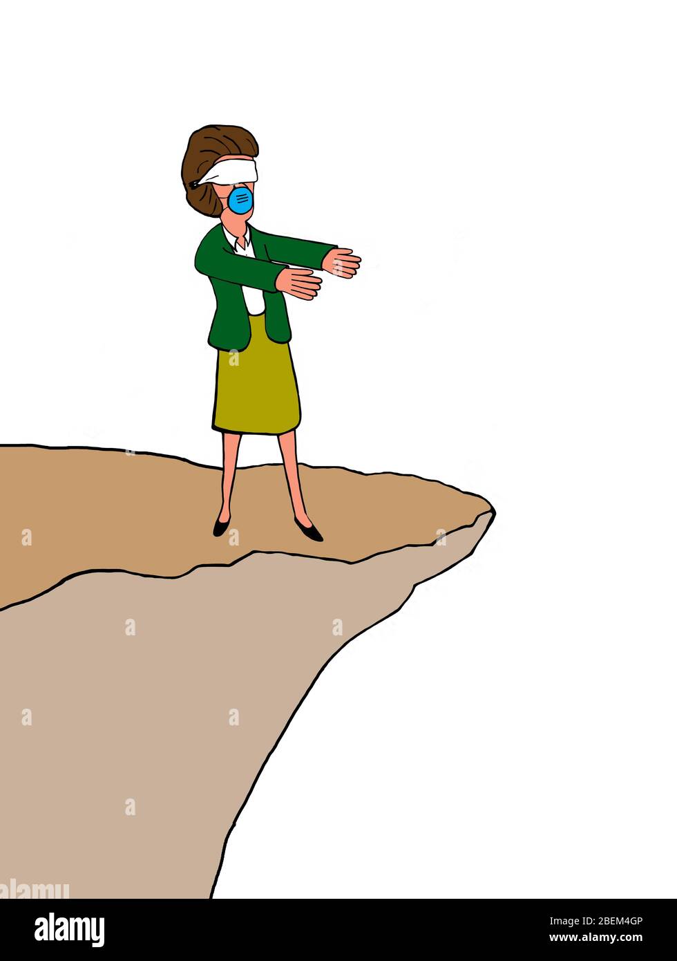 Farbe Cartoon zeigt eine mit verbundenen Augen professionelle Geschäftsfrau mit ausgestreckten Armen, nicht zu realisieren, dass sie am Rande einer Klippe ist. Stockfoto