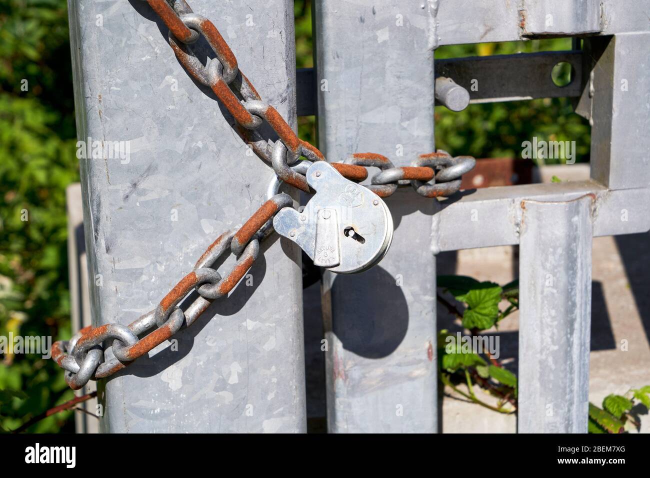 Mit Vorhängeschloss verschlossenes Tor mit rostiger Kette Stockfoto