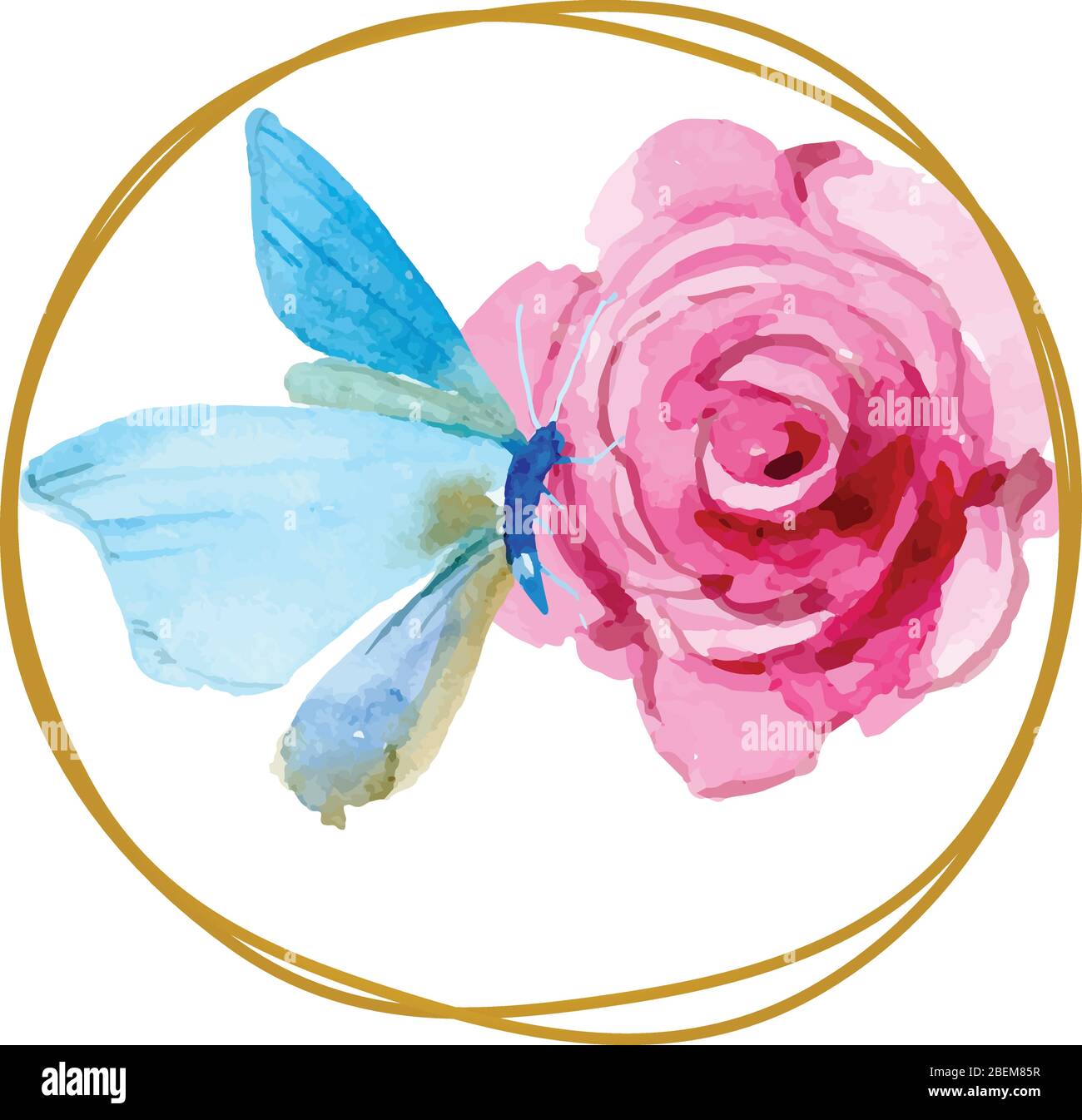 Schmetterling auf rosa Rose innerhalb der Kreise Aquarell Logo Vektor Stock Vektor