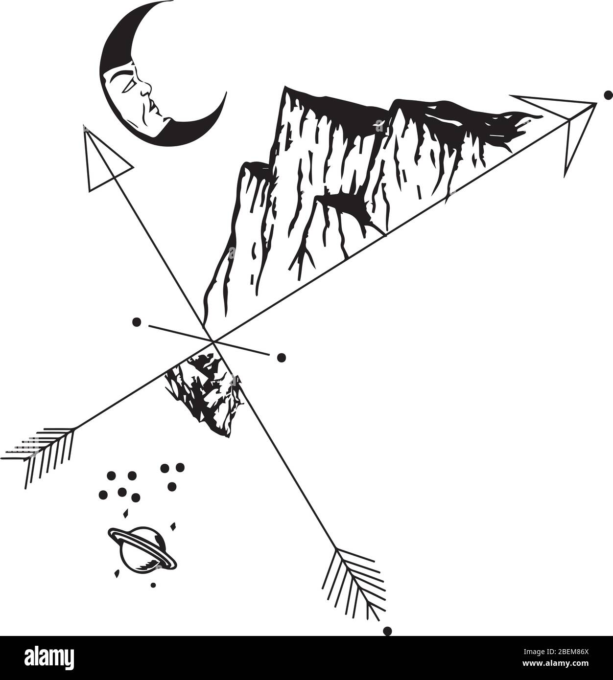 Linie Kunst mit Elementen Berge, Mond und Raum Zeichen Stock Vektor