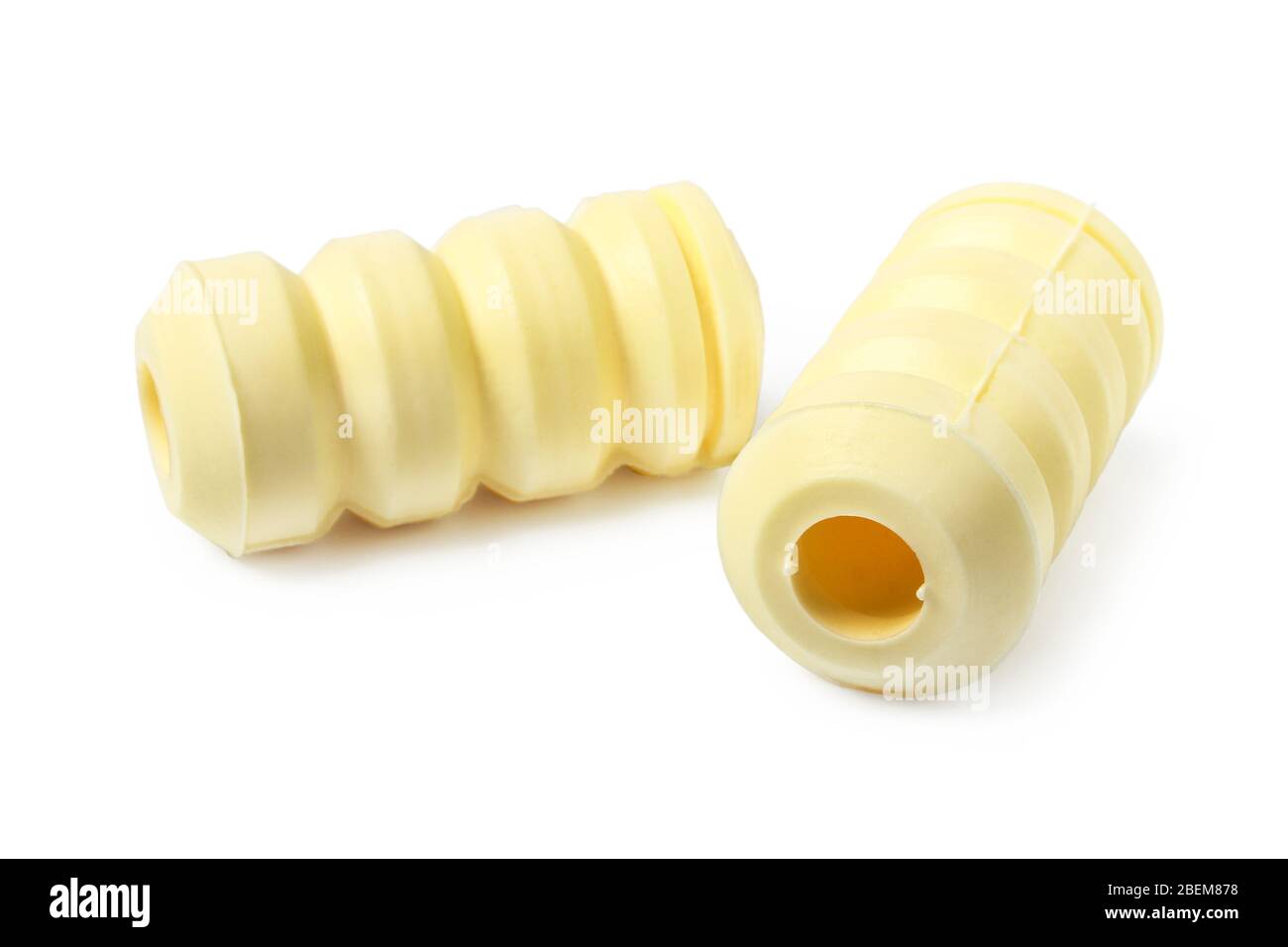 Gummipuffer für Autostoßdämpfer isoliert auf weiß Stockfoto