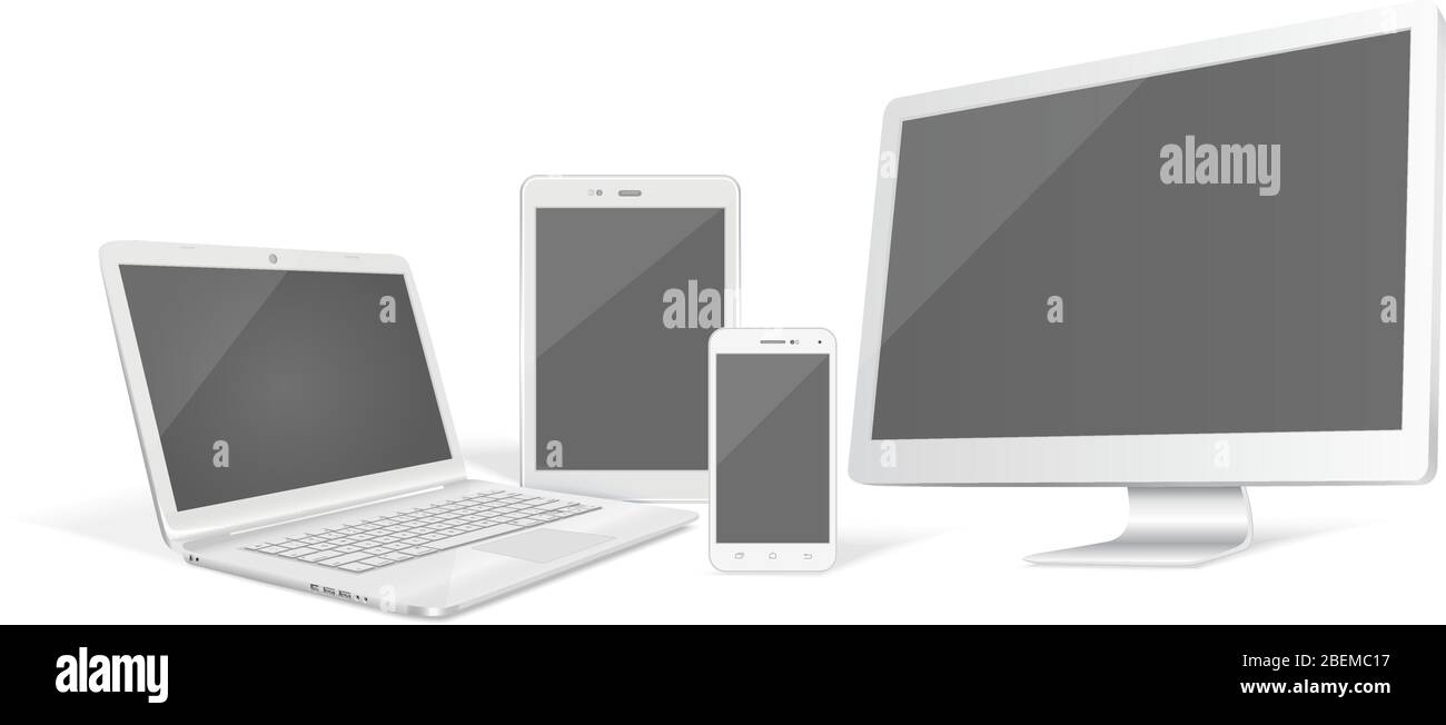 Set von realistischen Vektor-Grafik Computer-Monitor, Laptop, Tablet und Telefon auf einem weißen Hintergrund. Stock Vektor