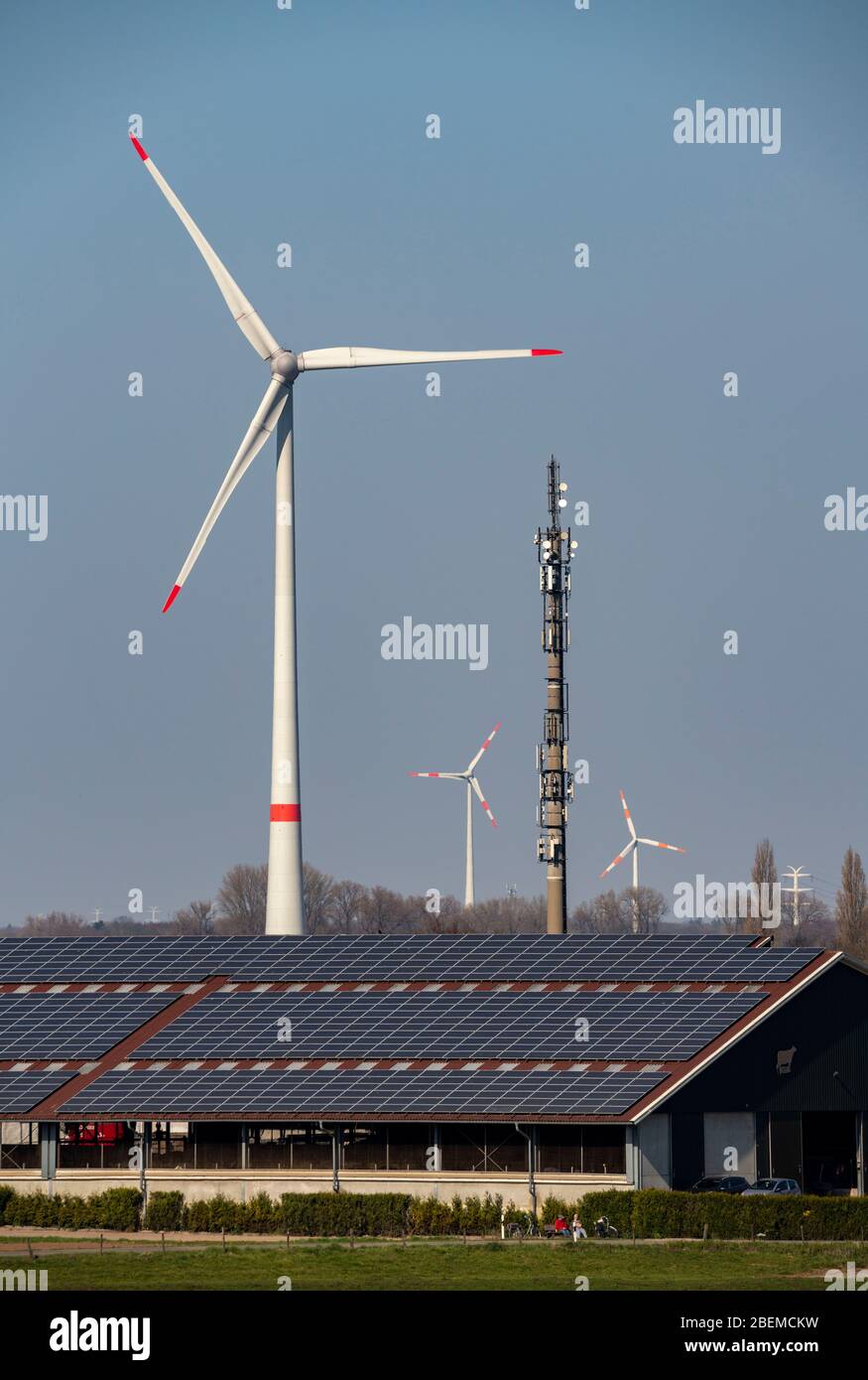 Bauernhof, mit Solaranlage auf dem Dach der Bauernhäuser, Windturbinen, Handyantenne, bei Rees, Niederrhein, Deutschland, Stockfoto