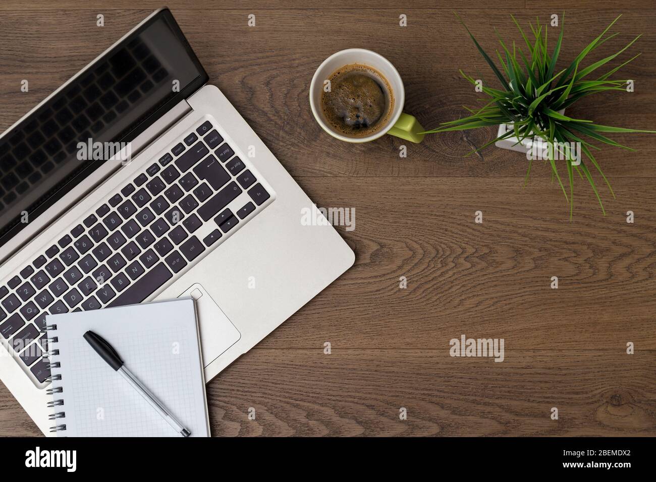 Ansicht von oben des Arbeitsbereichs. Tisch Schreibtisch mit Laptop, Kaffee, Notizblock, Stift und Pflanze mit Leerraum Hintergrund für Design. Flache Ansicht von dunkelbraunem Holz. Stockfoto