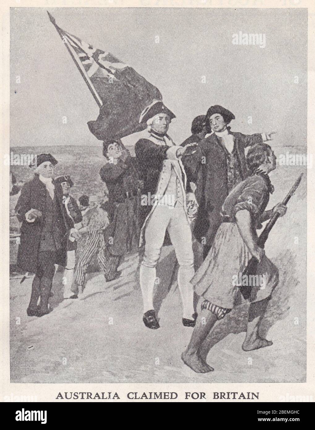Vintage Zeichnung von Captain Cook Landung in Australien im Jahr 1770 mit der britischen Flagge und Namensgebung New South Wales. Stockfoto