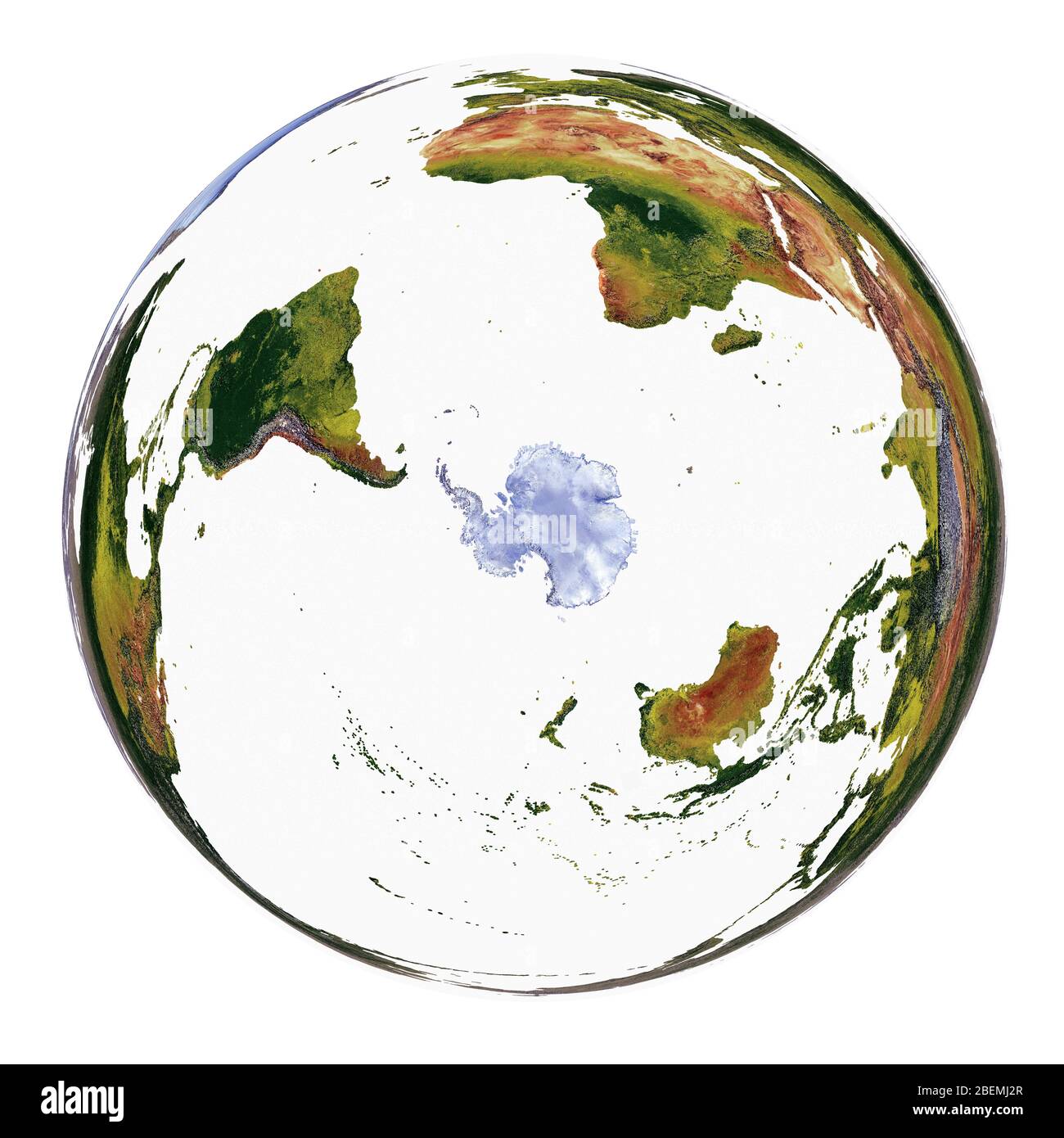 Weltkarte mit Landbedeckung und schattiertem Relief mit einem natürlichen Stil und einer Reliefschattierung der Ozeane. WGS 1984 EASE Grid South Projection Stockfoto