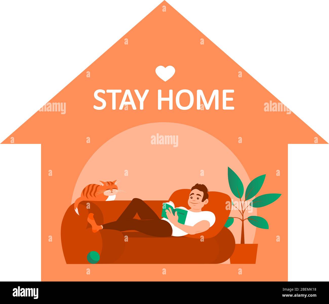 Ein junger Mann auf einem Sofa liest zu Hause während der Quarantäne ein Buch vor. Eine Katze schläft in der Nähe. Ein gemütlicher und sicherer Ort. SMS-Anrufe, um zu Hause zu bleiben. Vektorillus Stock Vektor