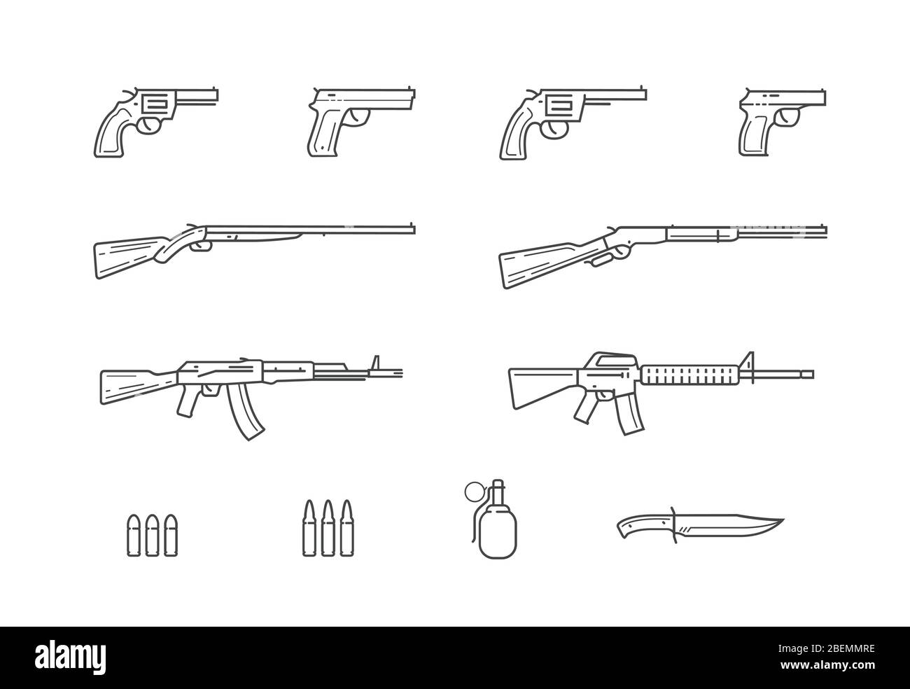Symbole für Waffen- und Waffenset. Vektorgrafik für Feuerwaffen Stock Vektor