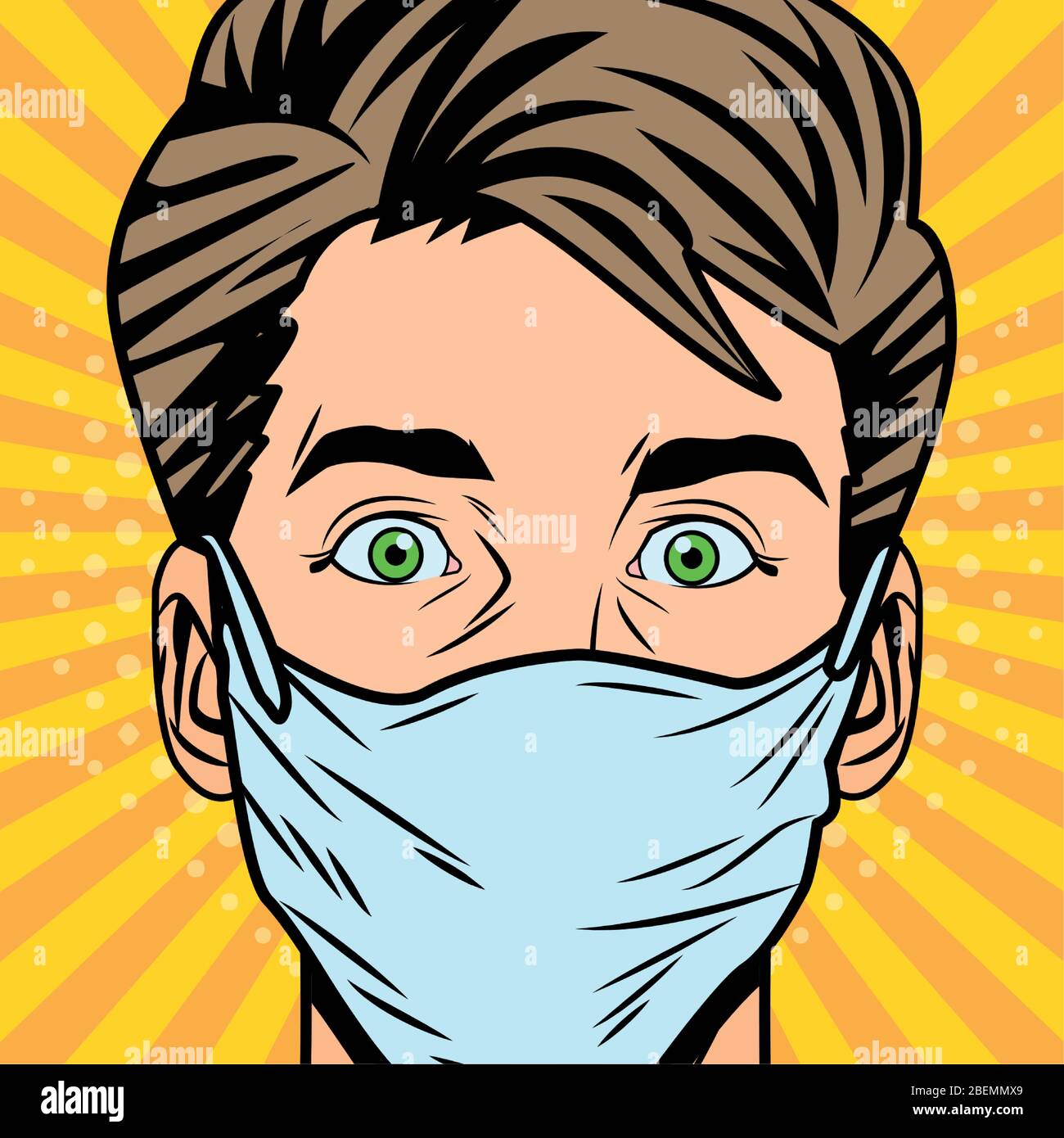 Mann mit Gesichtsmaske fot covid19 Pop-Art-Stil Stock Vektor