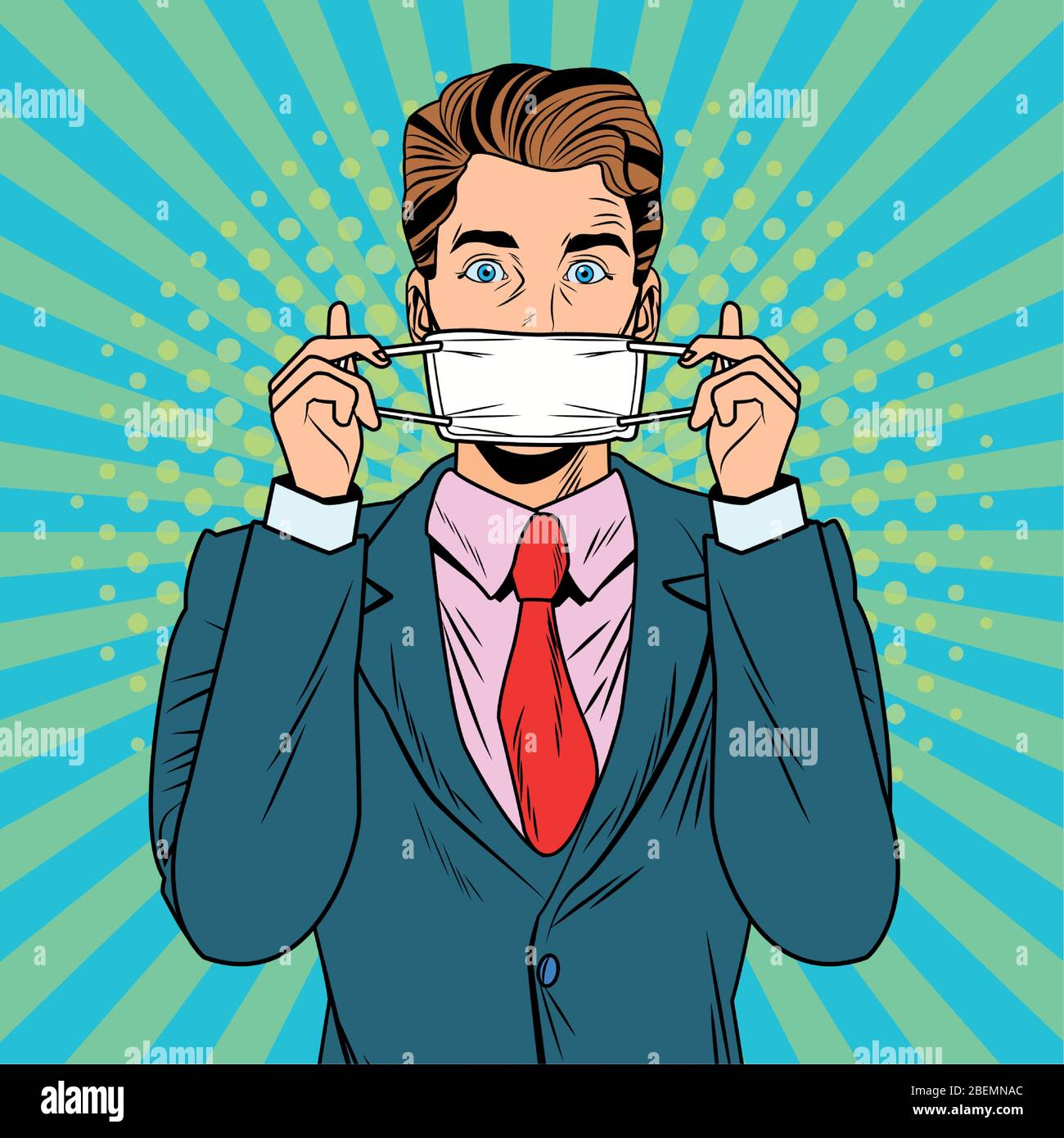 Mann mit Gesichtsmaske fot covid19 Pop-Art-Stil Stock Vektor