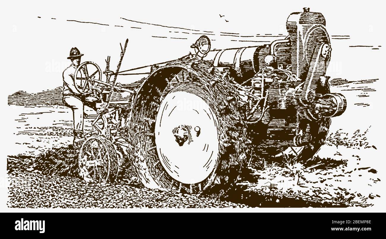 Historischer Landwirt, der einen Traktor in einem rauen Feld in drei Viertel Vorderansicht fährt. Illustration nach einem Stich aus dem frühen 20. Jahrhundert Stock Vektor