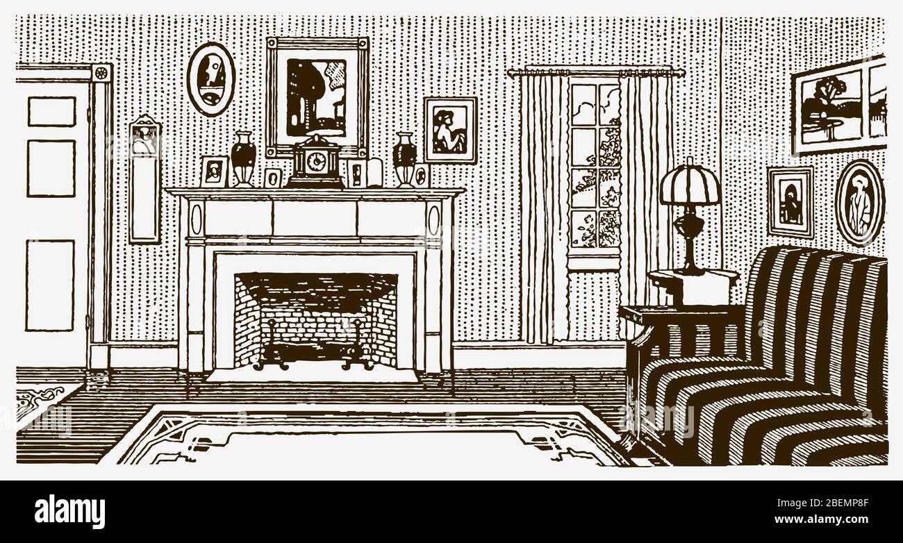 Innenansicht eines historischen Zimmers mit Sofa, Kamin und anderen Möbeln. Illustration nach einem Stich aus dem frühen 20. Jahrhundert Stock Vektor