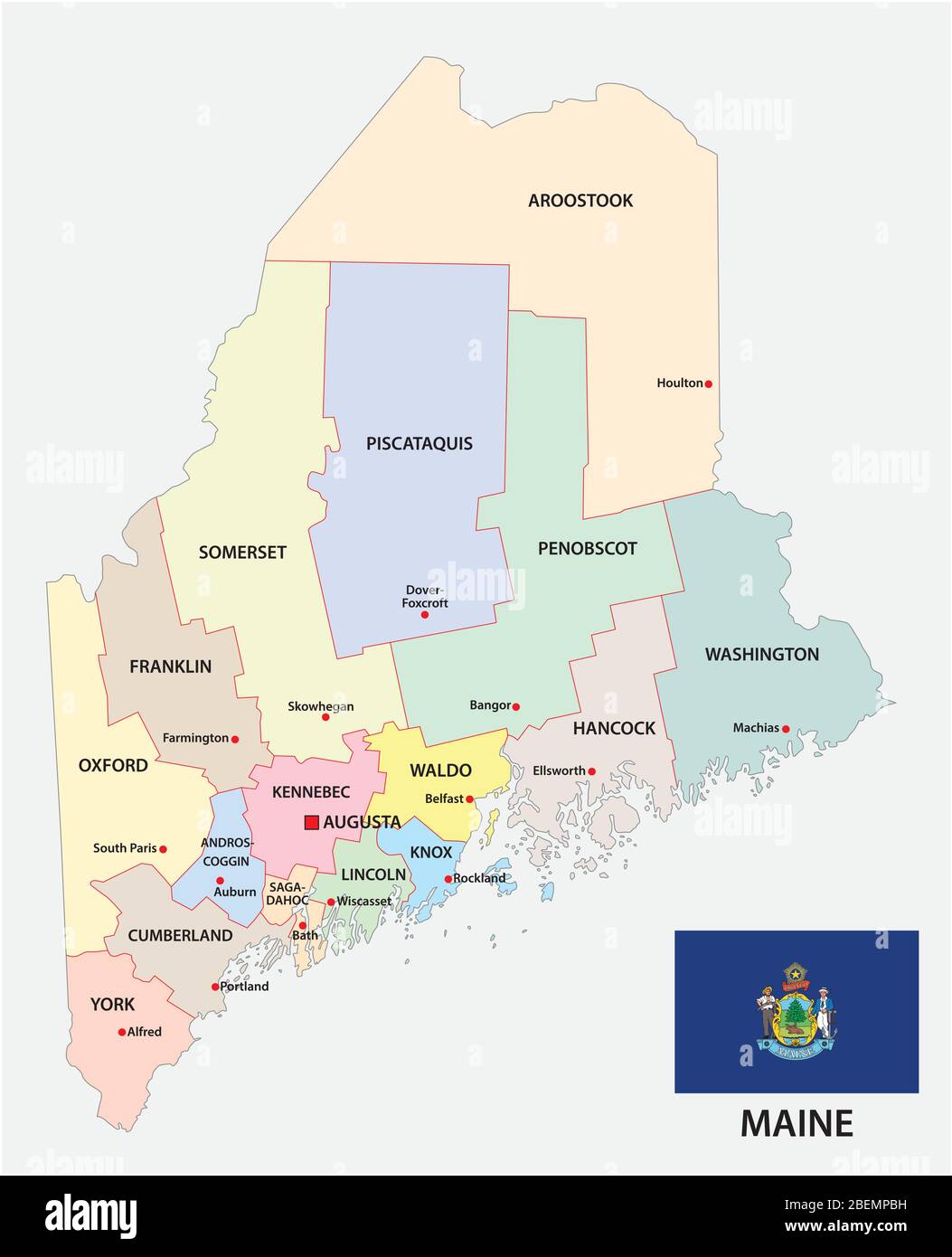 Maine administrative und politische Vektorkarte mit Fahne Stock Vektor
