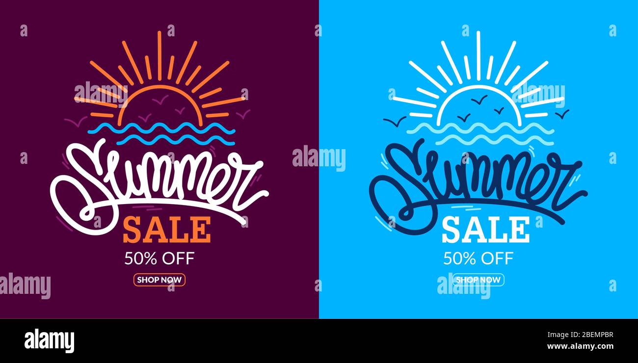 Hand Written Word Sommer Sale Vektor Hintergrund Illustration. Das Design des Banners mit EINEM Rabatt mit Sonne und Wellen. Typografie Illustration Als Stock Vektor