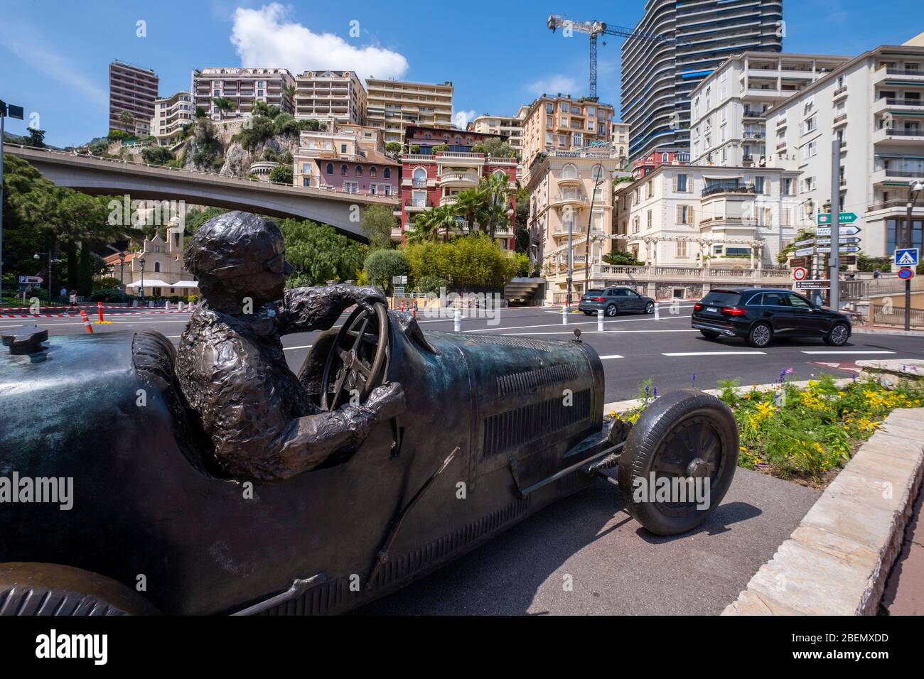Juan Manuel Fangio Denkmal auf dem Grand Prix Kurs in Monte Carlo, Monaco, Europa Stockfoto