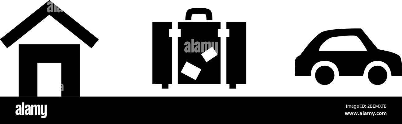 Symbol für Haus, Koffer, Auto. Black Real Estate Umzug Konzept. Element für Umrissweg festlegen. Schild für Gepäck, Gebäude, Transporteigentum. Insurance Web-Taste isoliert auf weißem Hintergrund. Stock Vektor