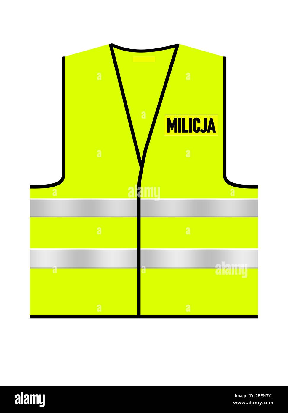 Leuchtend grün – gelb polnischer Verkehr Milicja Weste auf weißem, isoliertem Hintergrund. Vorderansicht. Abbildung des Konzepts. Schwarzes Text Design Logo. Stockfoto