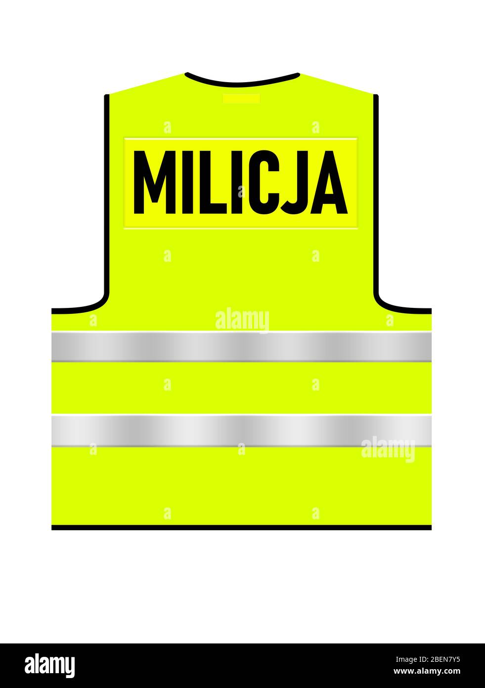Leuchtend grün – gelb polnischer Verkehr Milicja Weste auf weißem, isoliertem Hintergrund. Rückansicht. Abbildung des Konzepts. Schwarzes Text Design Logo. Stockfoto