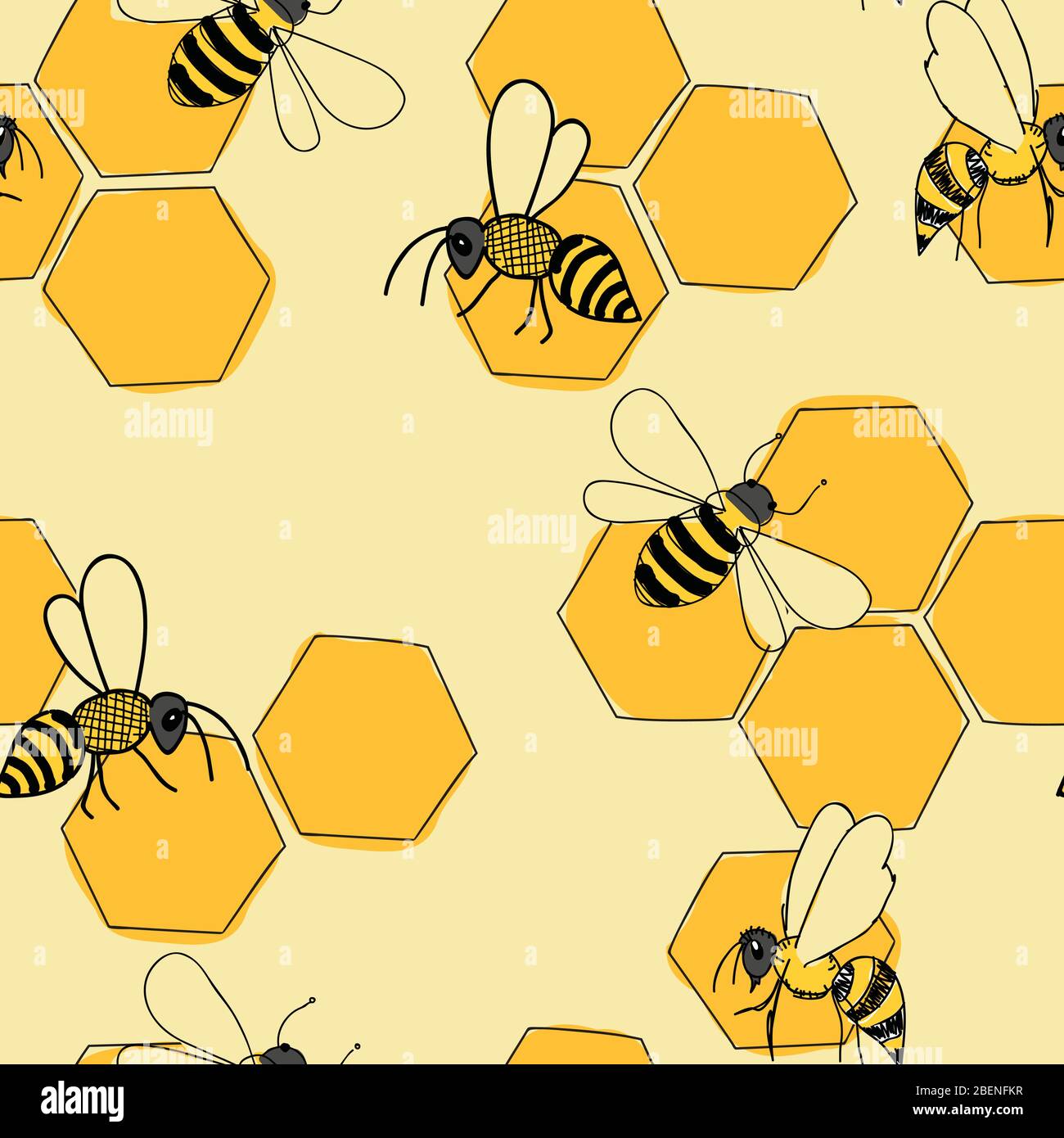 Busy Bees auf Waben, nahtlose Vektor wiederholen Muster Oberflächengestaltung Stock Vektor