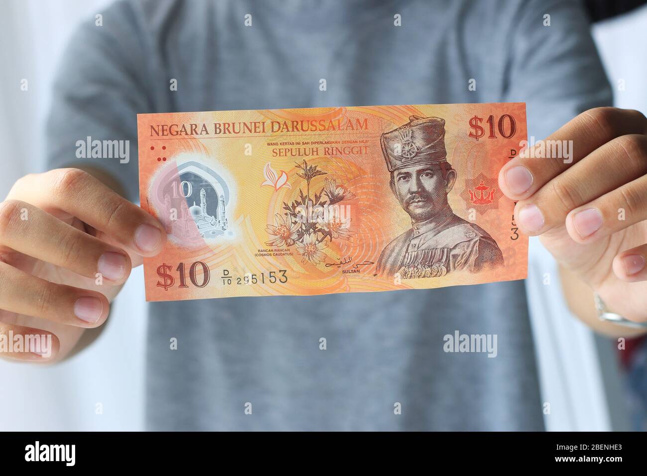 10 USD, zehn Brunei-Dollar vor weißem Hintergrund Stockfoto