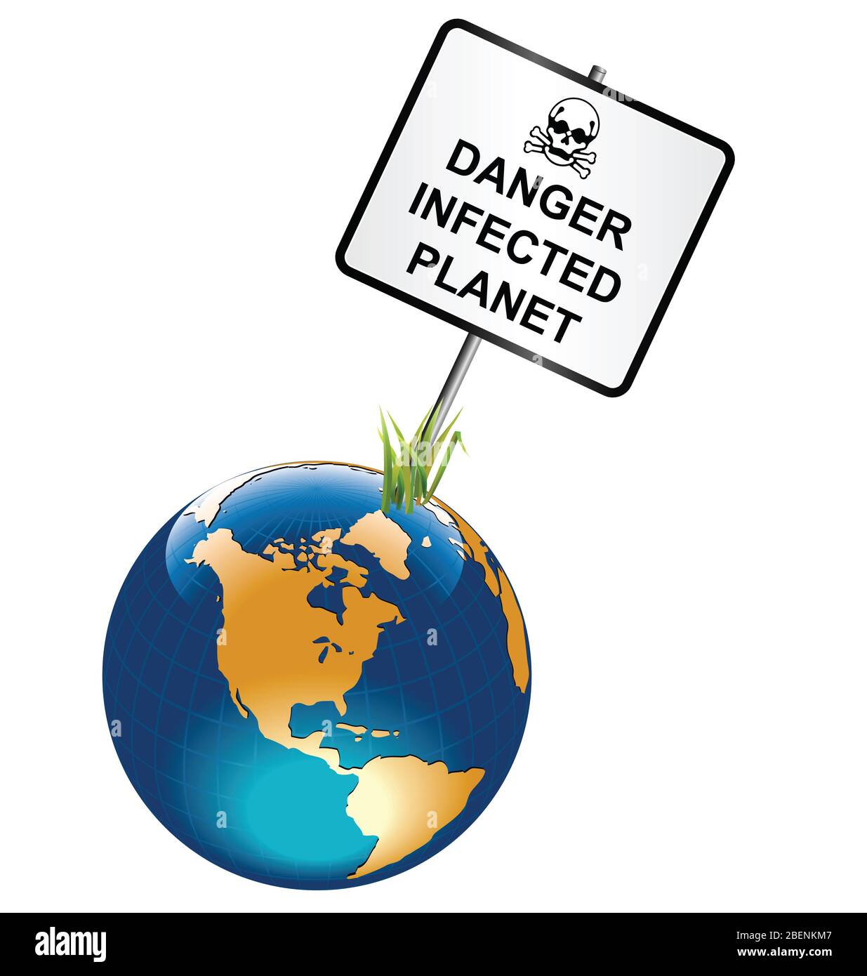 Gefahr infizierte Planeten Erde Zeichen in Bezug auf Coronavirus COVID 19 Pandemie auf weißem Hintergrund isoliert Stockfoto