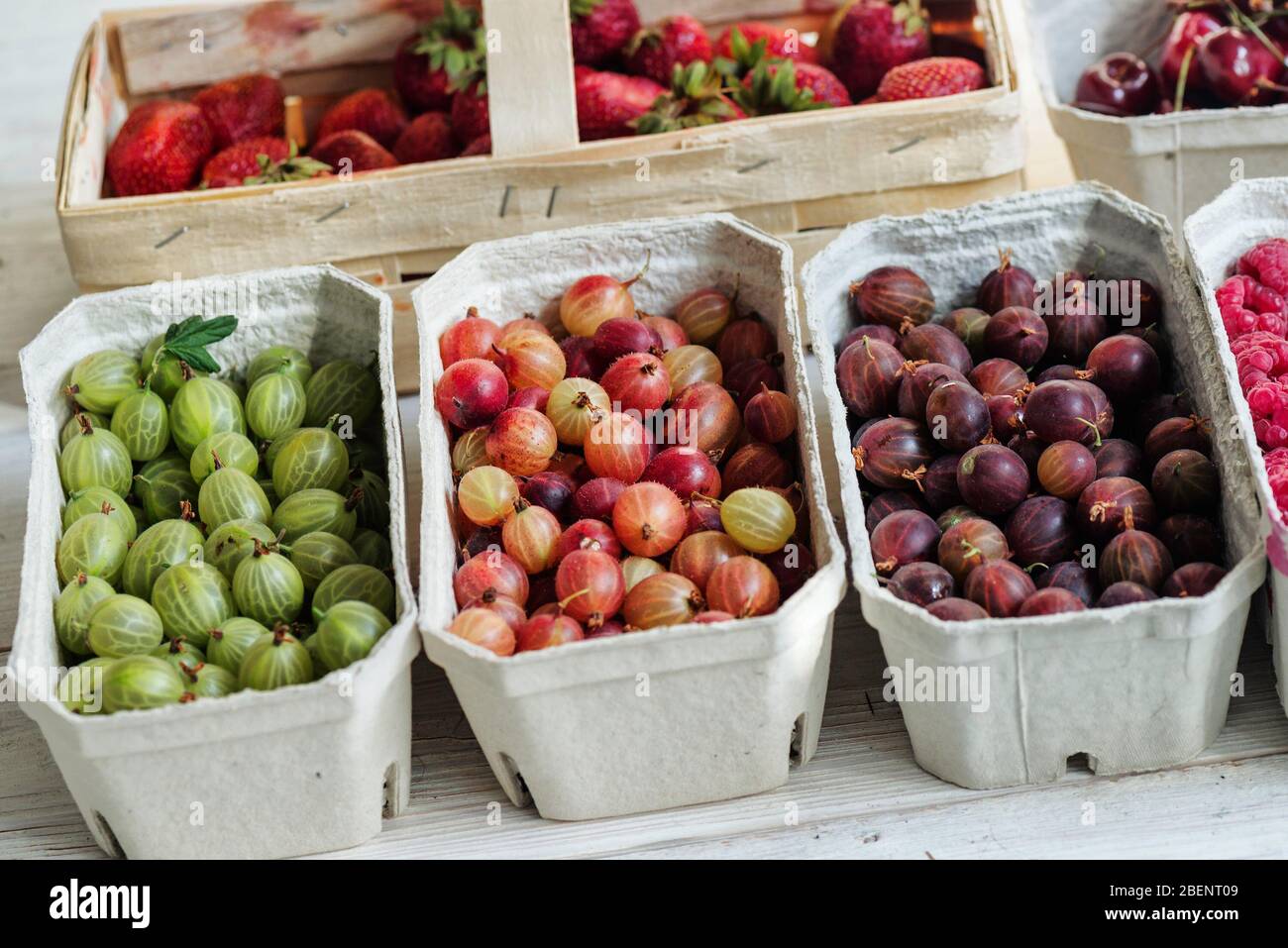 Bio-Obststand mit saisonalen Früchten und Beeren auf dem lokalen Markt der Stadt. Obst in Papierkörben auf dem Marktplatz Stockfoto