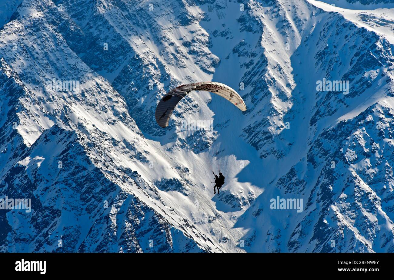 Gleitschirm gegen das Mont Blanc Massiv, Planpraz, Chamonix, Haute-Savoie, Frankreich Stockfoto
