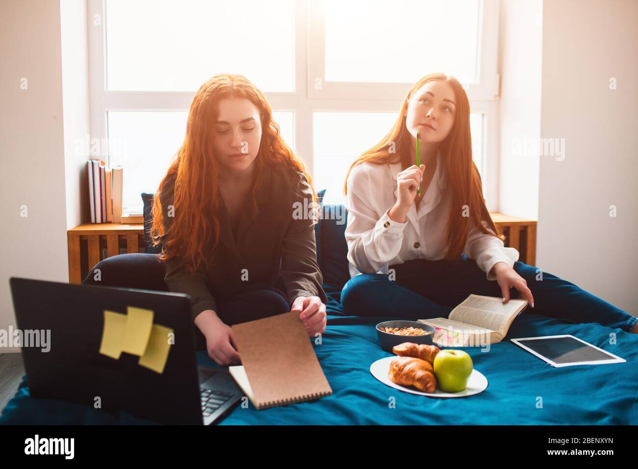 Zwei rothaarige Studenten studieren zu Hause oder bereiten sich auf Prüfungen vor. Junge Frauen machen Hausaufgaben in einem Schlafsaal in der Nähe des Fensters. Es gibt Notizbücher, Lebensmittel Stockfoto