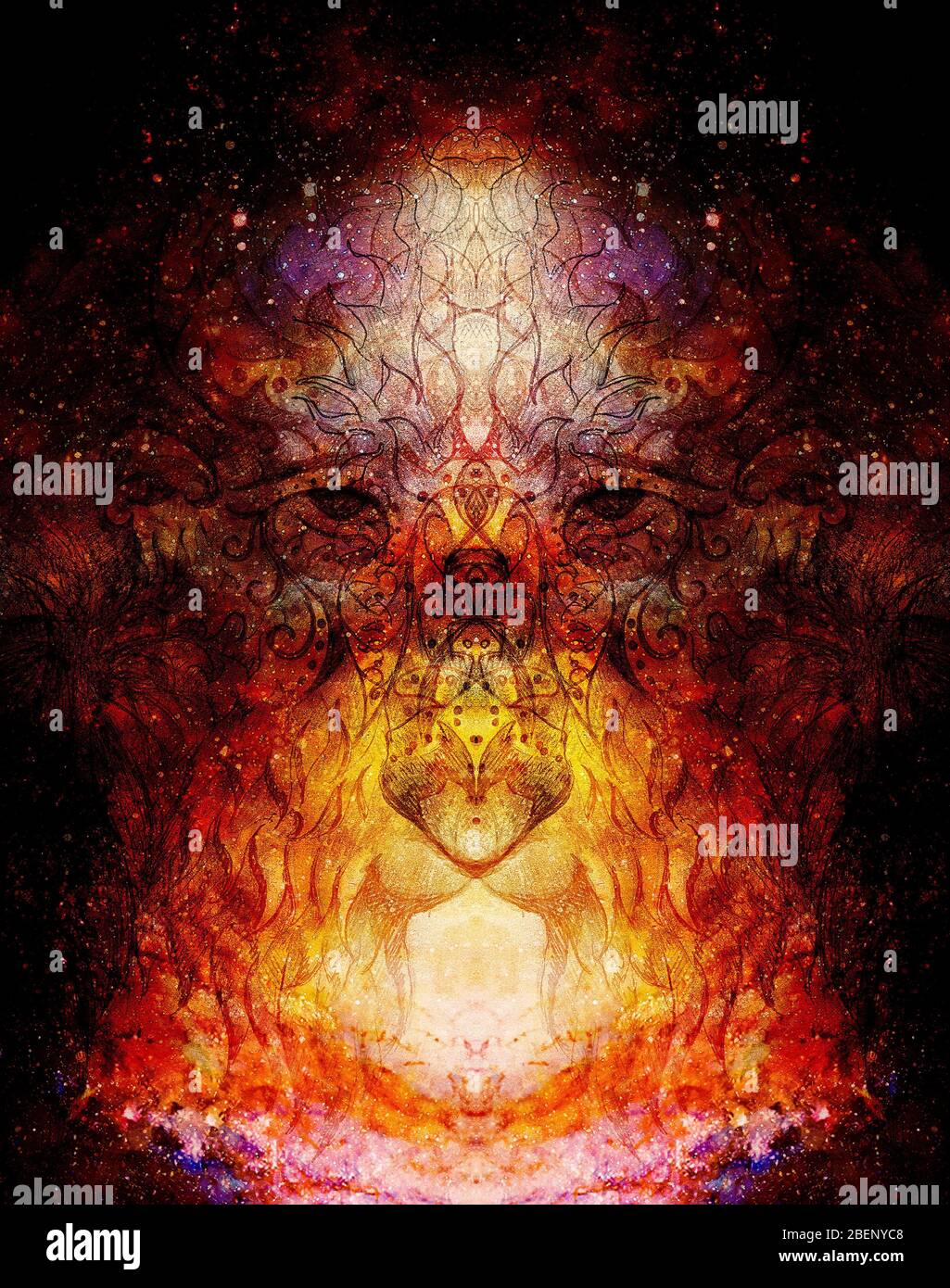 Ornamentales Tiergesicht auf abstrakt strukturiertem Raum Hintergrund. Stockfoto