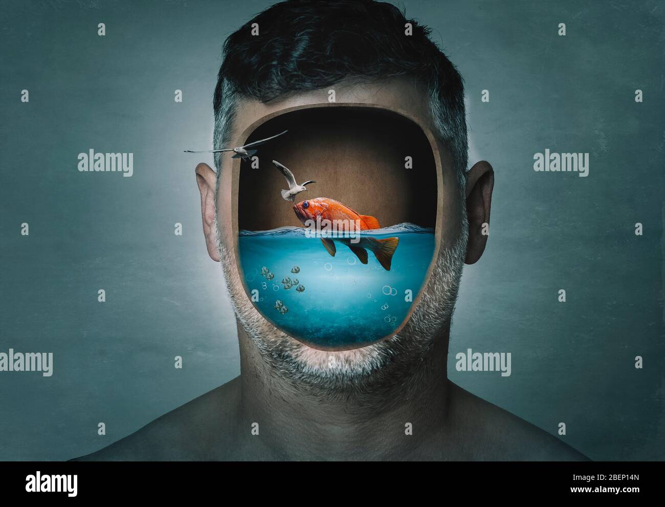 Surreales Porträt des Menschen mit zugeschnittenem Gesicht mit Wasser  gefüllt mit einem Fisch innen auf einem blauen Hintergrund. Surreales Bild.  Surrealismus Stockfotografie - Alamy