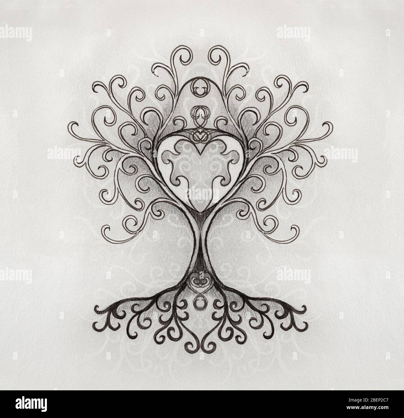 Baum des Lebens Symbol auf strukturierte Zierpflanzen Hintergrund, yggdrasil. Stockfoto