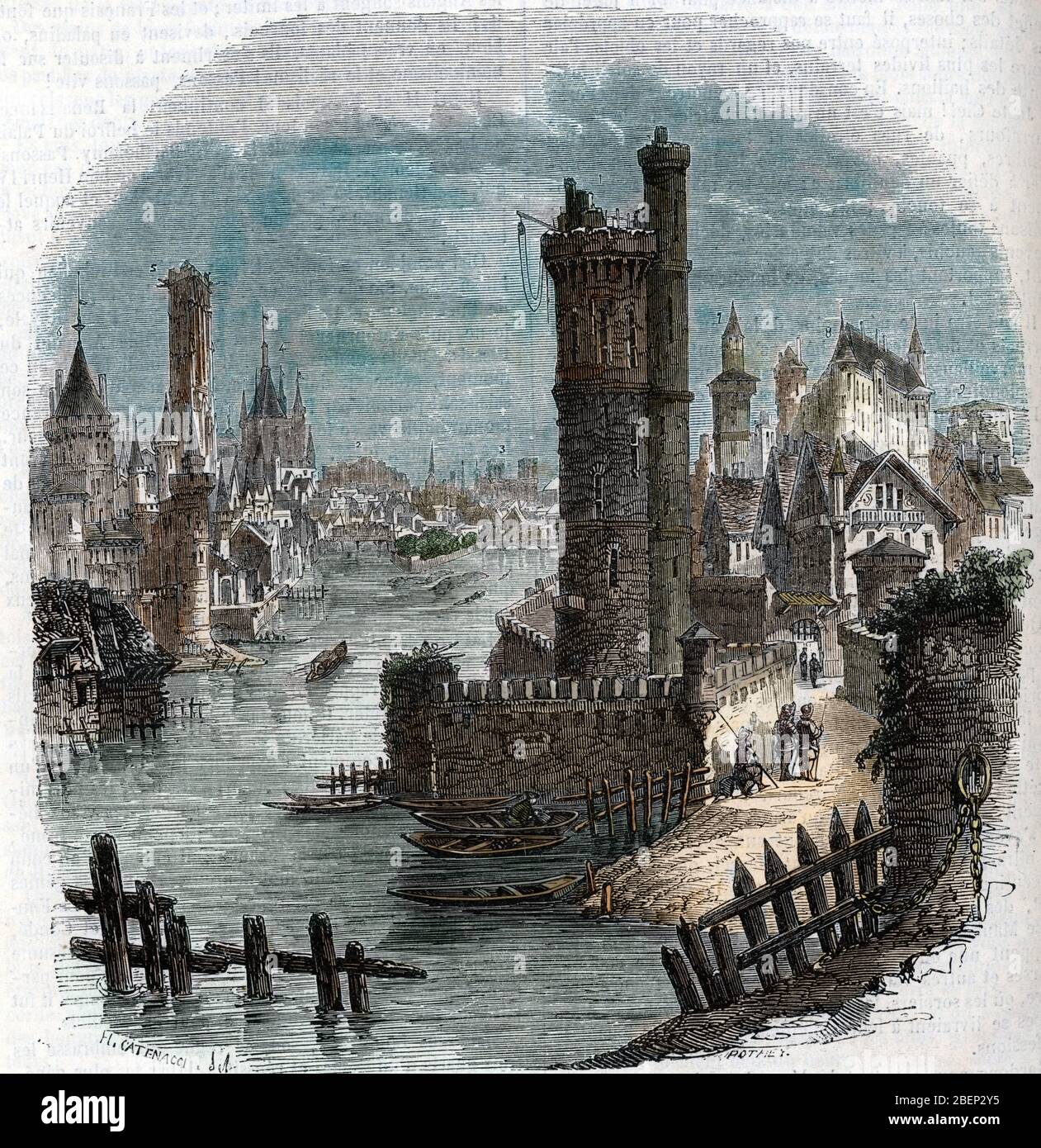 Le Louvre, l'Hotel du Petit Bourbon et la Tour de Nesle avec sa porte, Paris 17eme siecle (Blick auf den Turm von Nesle und seine Tür, der Louvre-Palast Stockfoto