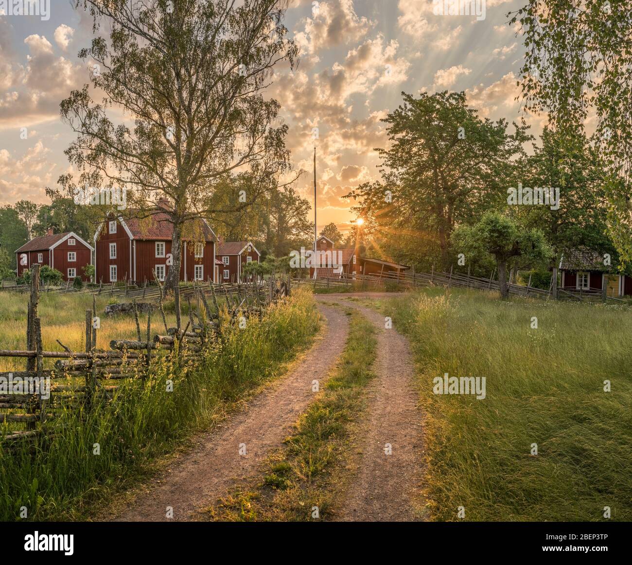 Kleine Landstraße und alte traditionelle rote Hütten bei Sonnenaufgang in einer ländlichen Landschaft, das Dorf Stensjo by. Oskarshamn, Smaland, Schweden, Skandinavien Stockfoto