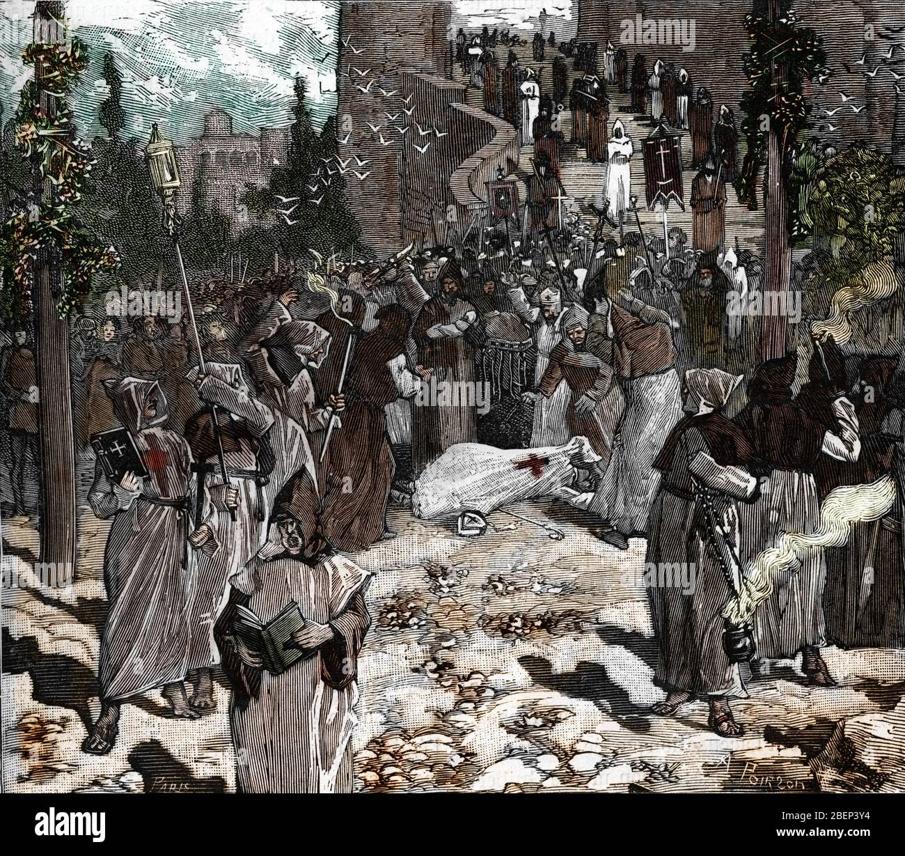 "La papesse Jeanne (pape Jean VIII) donnant naissance a un enfant dans la rue Pendant une Prozession en 885, Rom" (Papst Joan gebiert in der stre Stockfoto