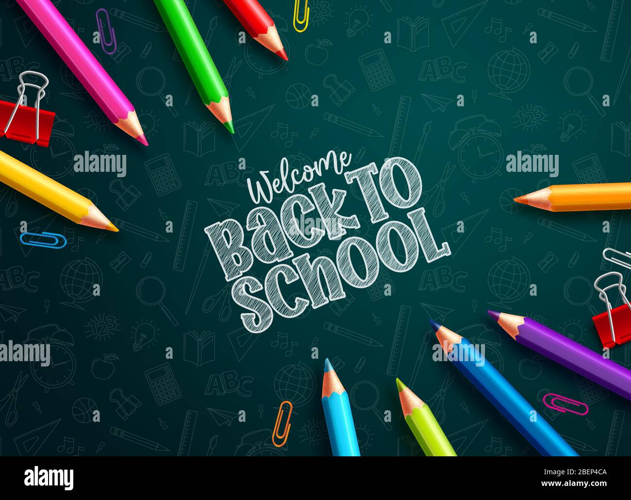 Zurück zur Schule Buntstifte Vektor-Design. Zurück zur Schule Text und bunte Buntstifte und Büroklammern in grünen pädagogischen Muster Hintergrund Stock Vektor