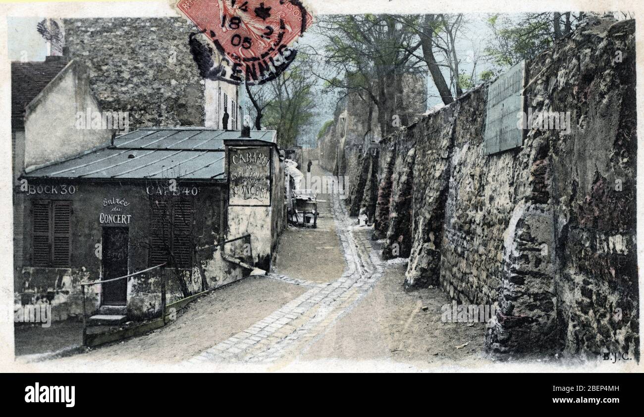 Vue de la rue des saules dans le vieux Montmartre a Paris - carte postale 1905 Ca Collection privee Stockfoto