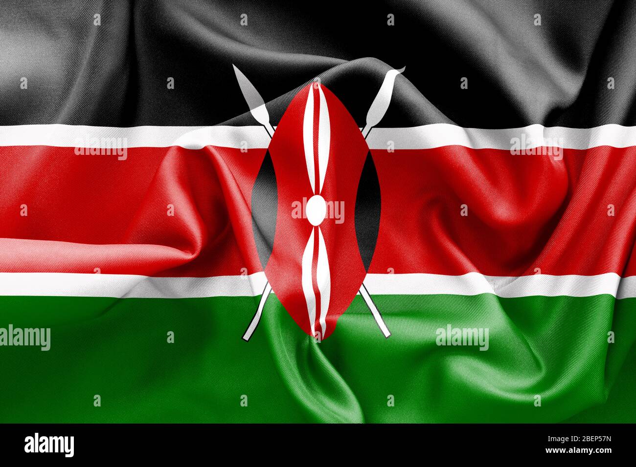 Kenia Flagge Textur knittert und zerknittert mit Licht und Schatten Stockfoto
