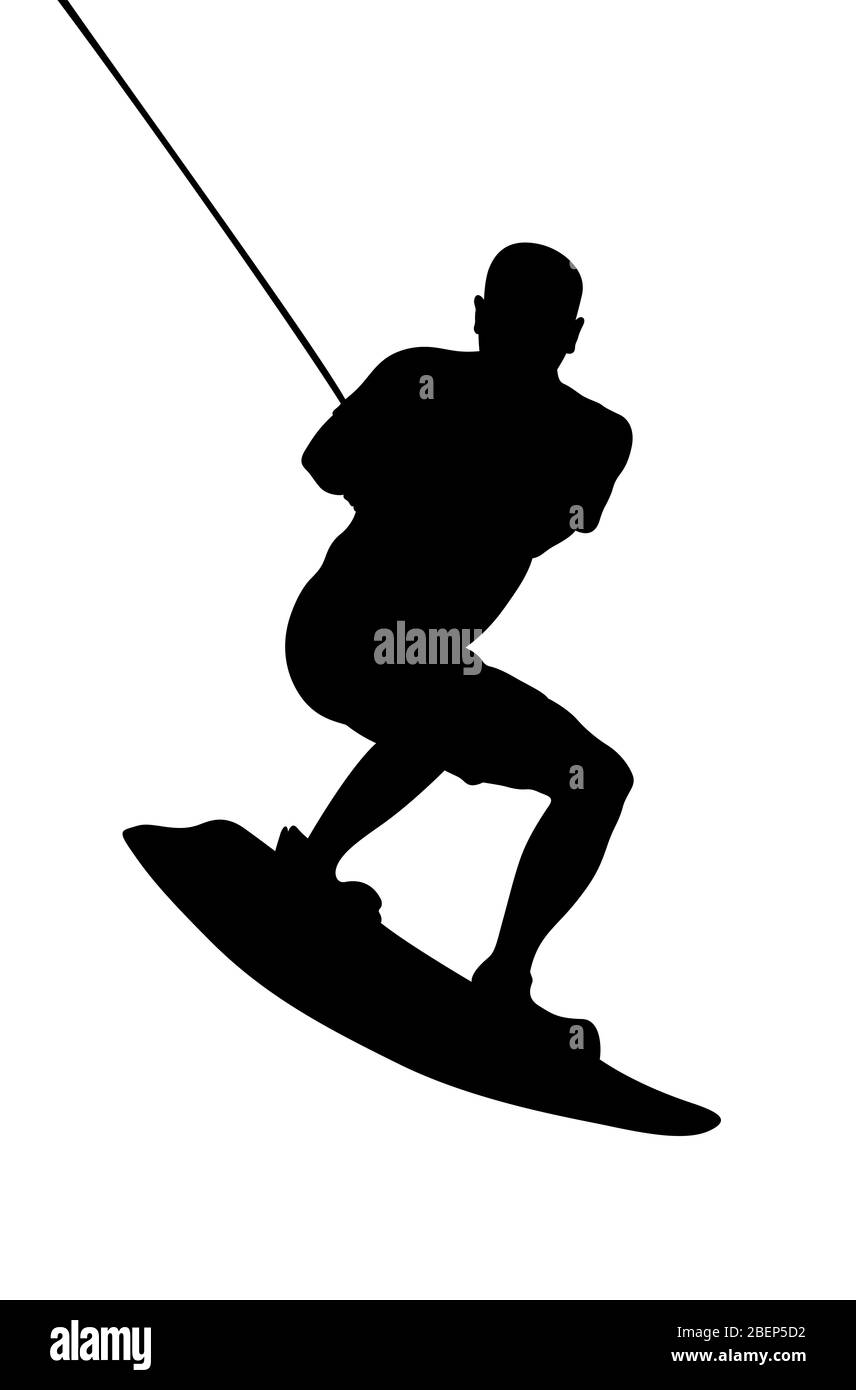 Athlet auf Wakeboard im Wakeboarding Sport schwarze Silhouette Stockfoto