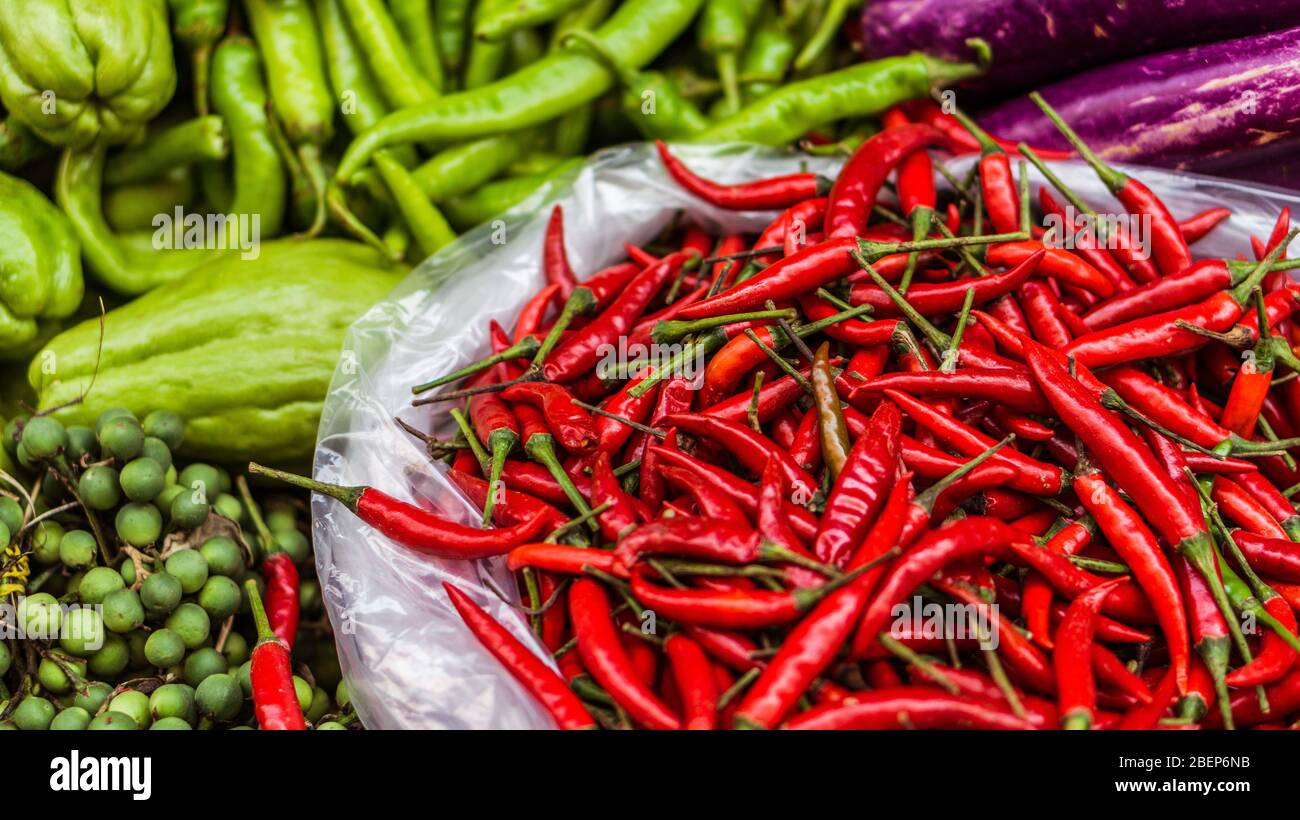 Nahaufnahme von frischem und rotem Chili und exotischen Gemüse zum Verkauf auf einem asiatischen Straßenmarkt Stockfoto