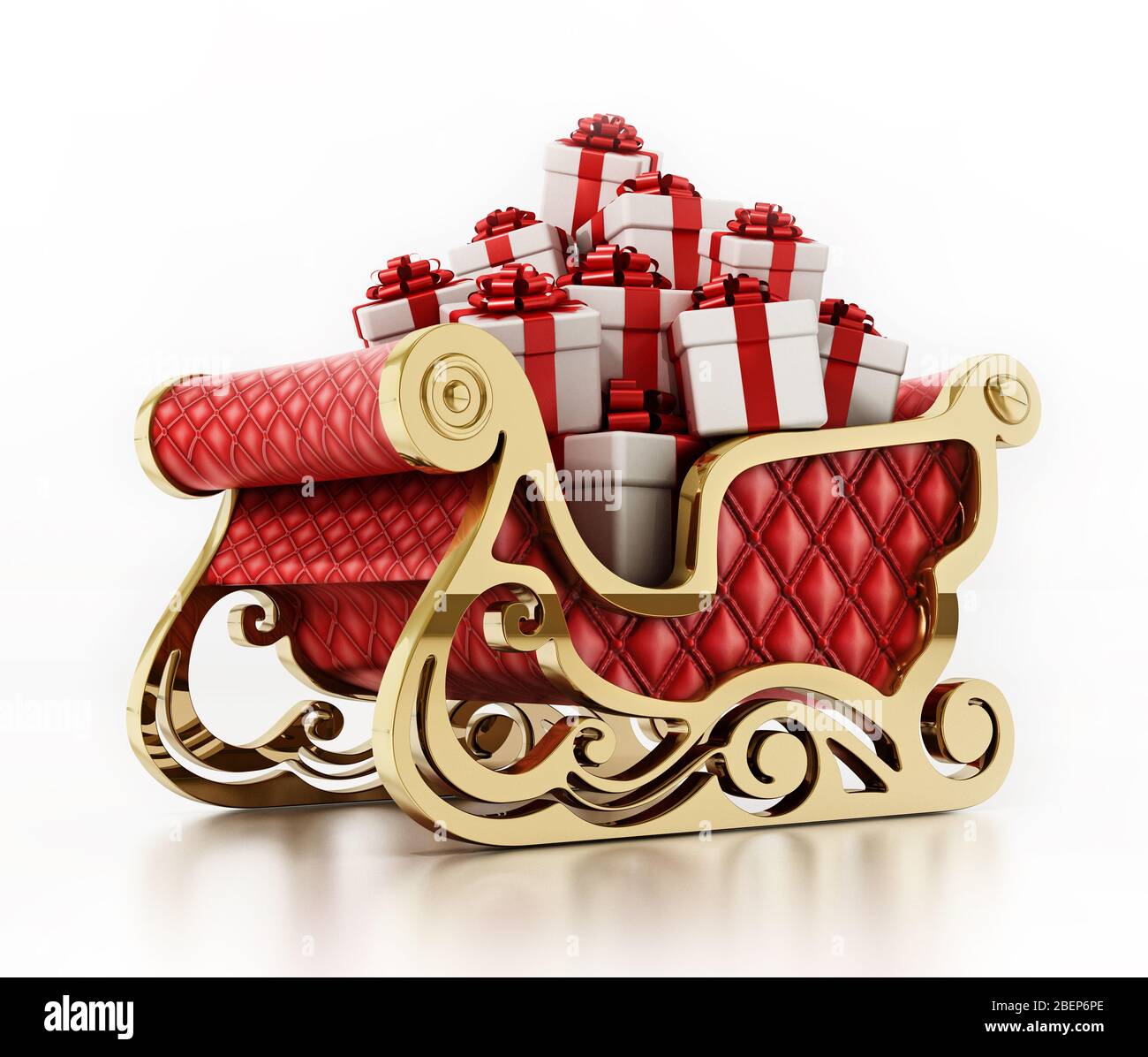 Weihnachtsmann Schlitten mit giftboxen auf weißem Hintergrund isoliert geladen. 3D-Darstellung. Stockfoto