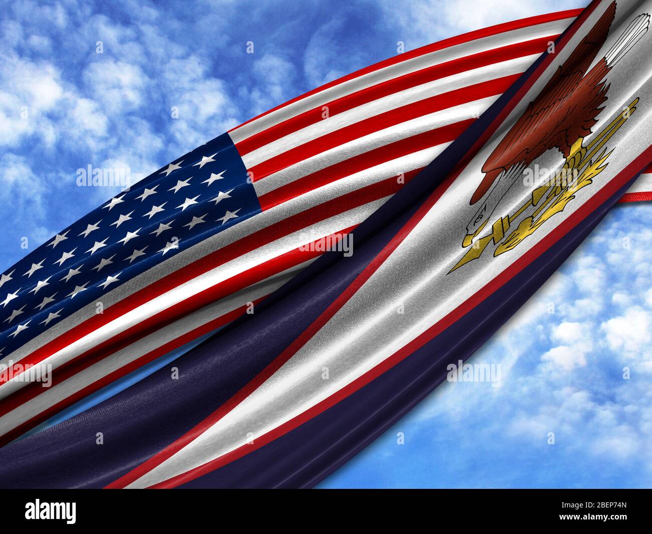 Flagge Amerikas mit amerikanischer Samoa Flagge auf Himmel Hintergrund Stockfoto